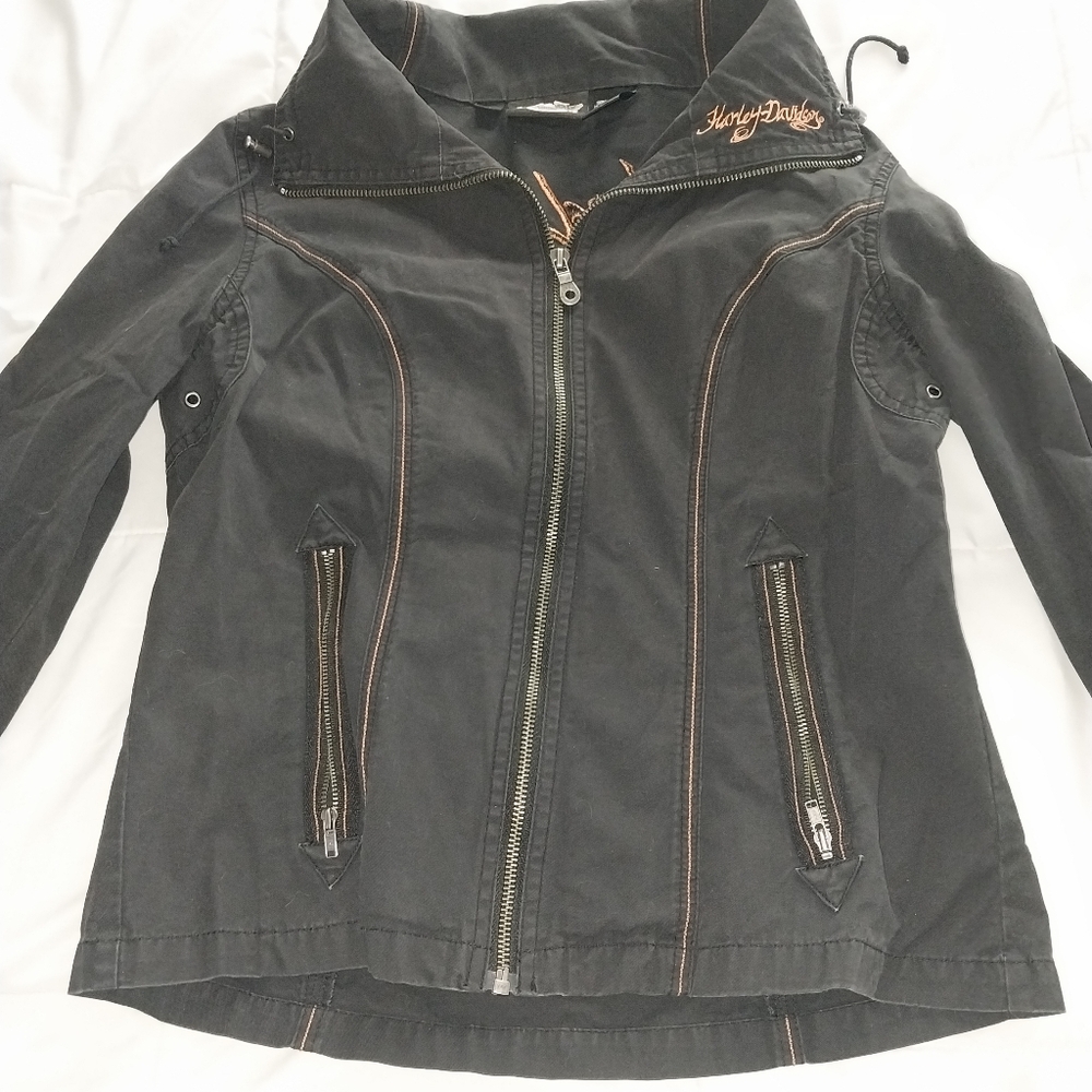 Black Zip-Up Jacket with Embroidered Detail